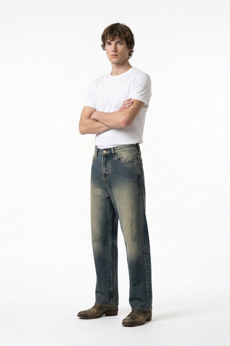 Men's Blue Panel Fading Loose Fit Full Length Wide Leg Jeans