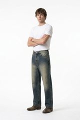 Men's Blue Panel Fading Loose Fit Full Length Wide Leg Jeans