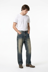 Men's Blue Panel Fading Loose Fit Full Length Wide Leg Jeans