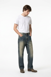 Men's Blue Panel Fading Loose Fit Full Length Wide Leg Jeans