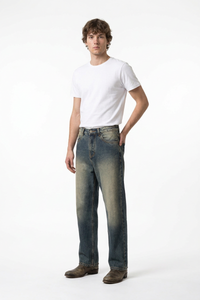 Men's Blue Panel Fading Loose Fit Full Length Wide Leg Jeans