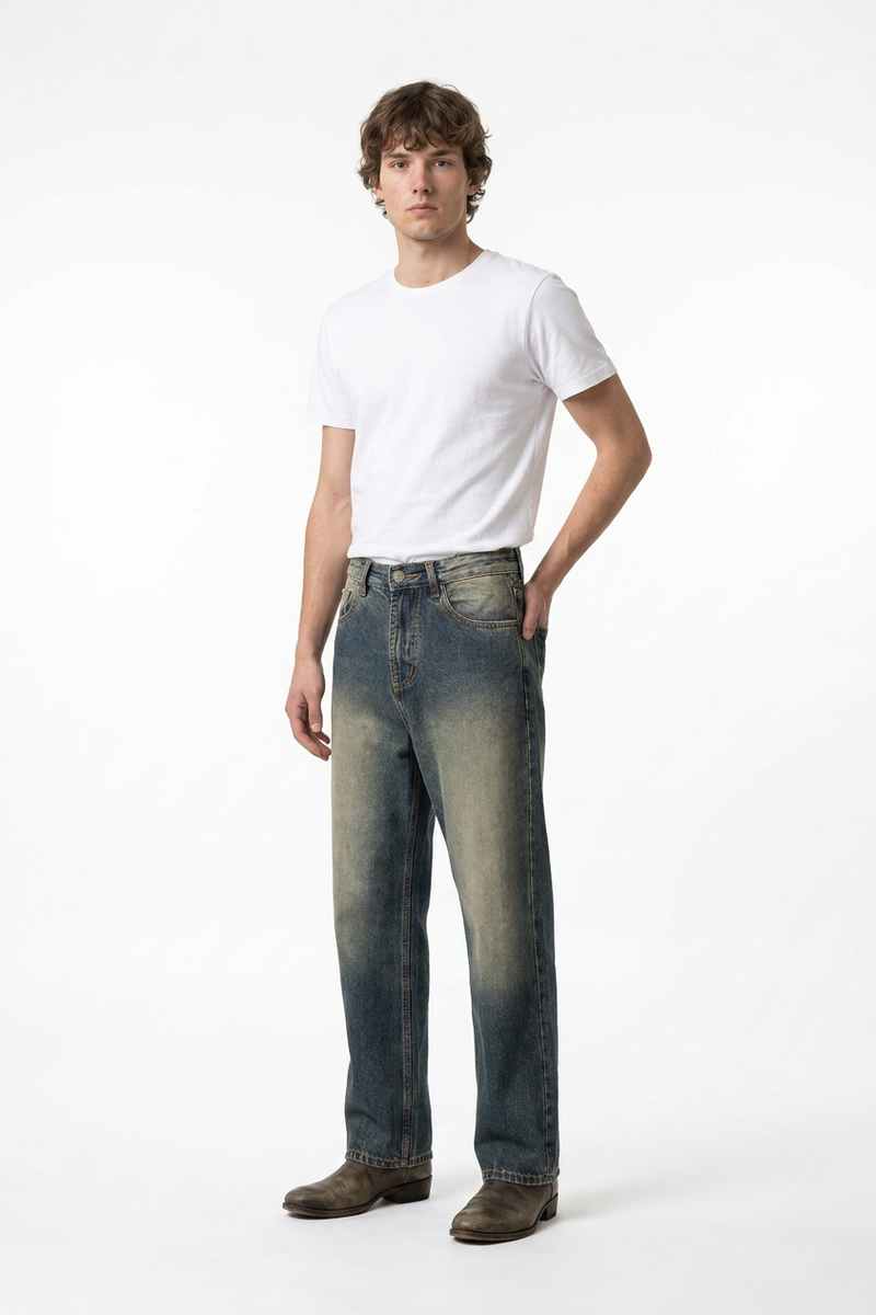Men's Blue Panel Fading Loose Fit Full Length Wide Leg Jeans