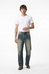 Men's Blue Panel Fading Loose Fit Full Length Wide Leg Jeans