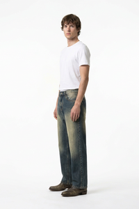 Men's Blue Panel Fading Loose Fit Full Length Wide Leg Jeans
