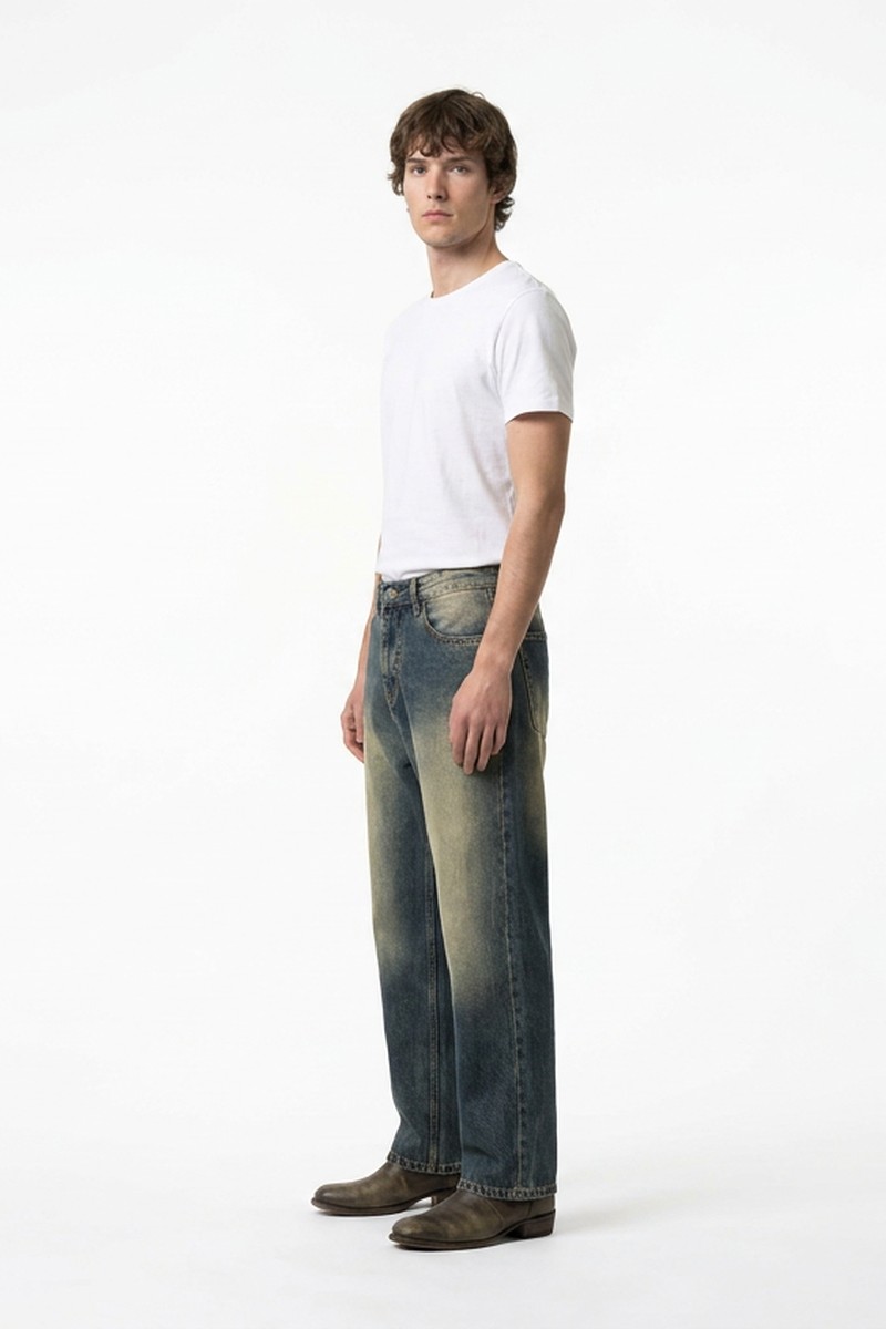 Men's Blue Panel Fading Loose Fit Full Length Wide Leg Jeans