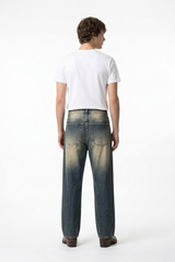 Men's Blue Panel Fading Loose Fit Full Length Wide Leg Jeans