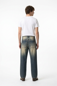 Men's Blue Panel Fading Loose Fit Full Length Wide Leg Jeans
