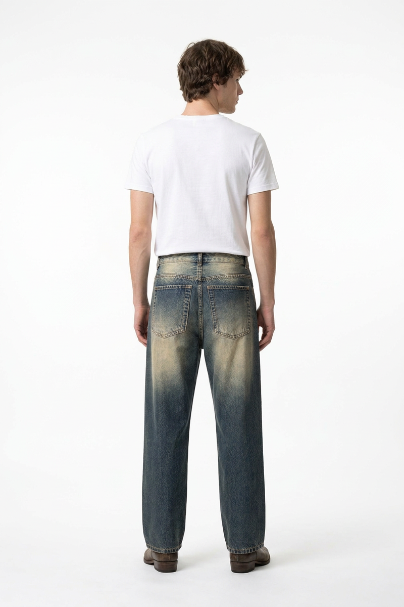 Men's Blue Panel Fading Loose Fit Full Length Wide Leg Jeans