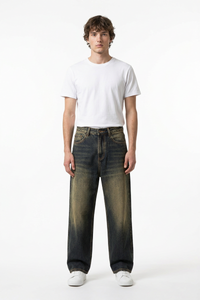 Men's Autumn Navy Contrast Fade Relaxed Wide Leg Denim Jeans