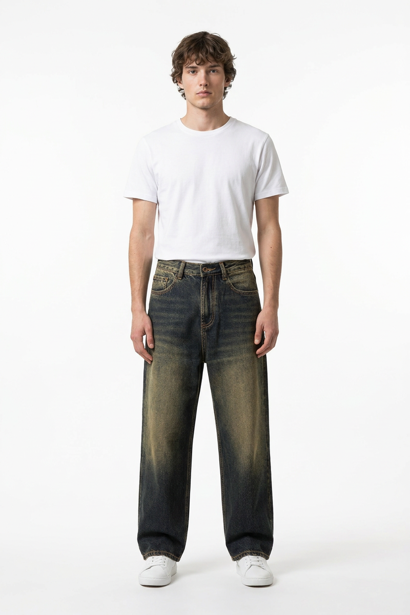 Men's Autumn Navy Contrast Fade Relaxed Wide Leg Denim Jeans