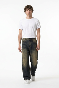Men's Autumn Navy Contrast Fade Relaxed Wide Leg Denim Jeans