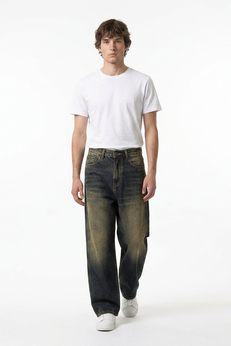 Men's Autumn Navy Contrast Fade Relaxed Wide Leg Denim Jeans