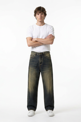Men's Autumn Navy Contrast Fade Relaxed Wide Leg Denim Jeans