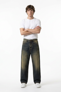 Men's Autumn Navy Contrast Fade Relaxed Wide Leg Denim Jeans