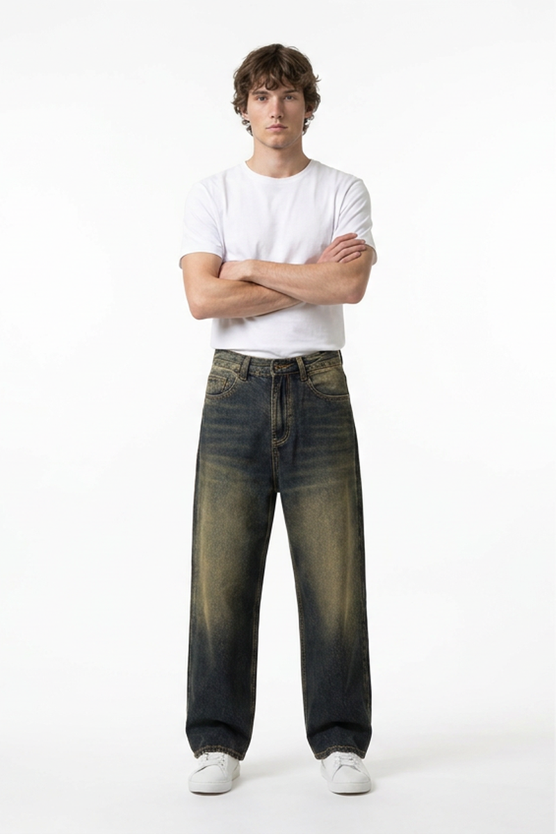 Men's Autumn Navy Contrast Fade Relaxed Wide Leg Denim Jeans