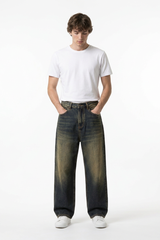 Men's Autumn Navy Contrast Fade Relaxed Wide Leg Denim Jeans