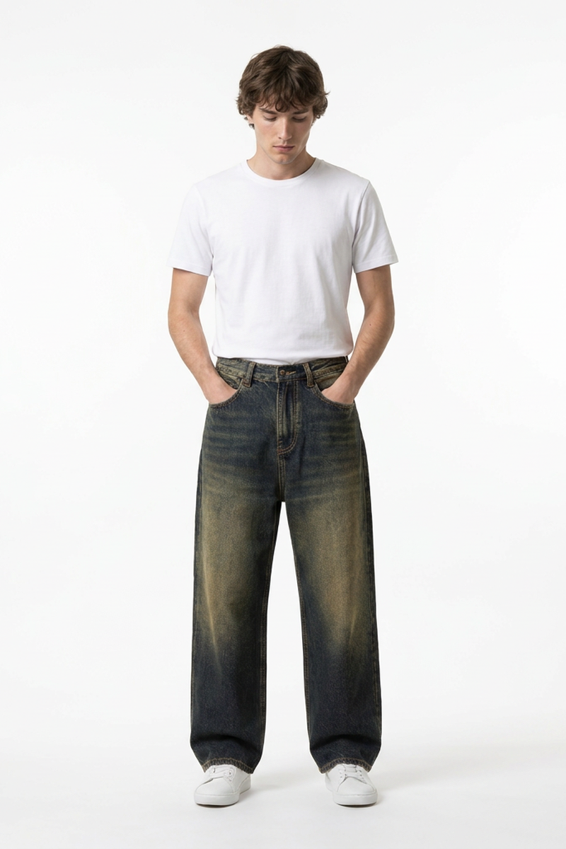 Men's Autumn Navy Contrast Fade Relaxed Wide Leg Denim Jeans
