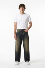 Men's Autumn Navy Contrast Fade Relaxed Wide Leg Denim Jeans
