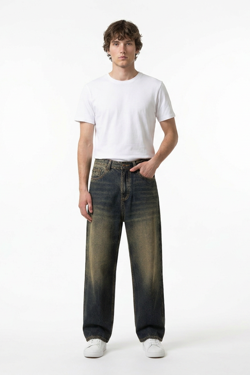 Men's Autumn Navy Contrast Fade Relaxed Wide Leg Denim Jeans