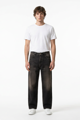 Men's Retro Black Baggy Loose Fit Crease Detail Jeans
