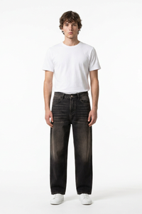 Men's Retro Black Baggy Loose Fit Crease Detail Jeans