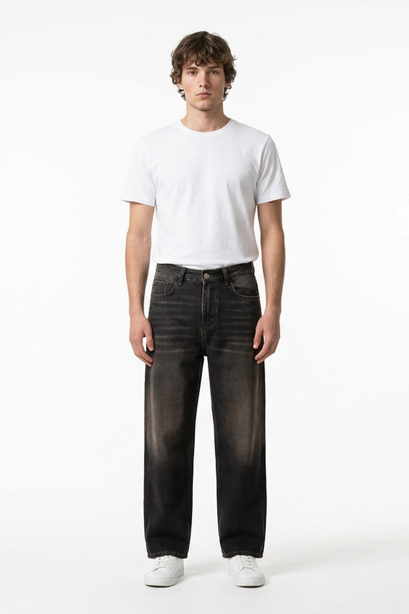 Men's Retro Black Baggy Loose Fit Crease Detail Jeans