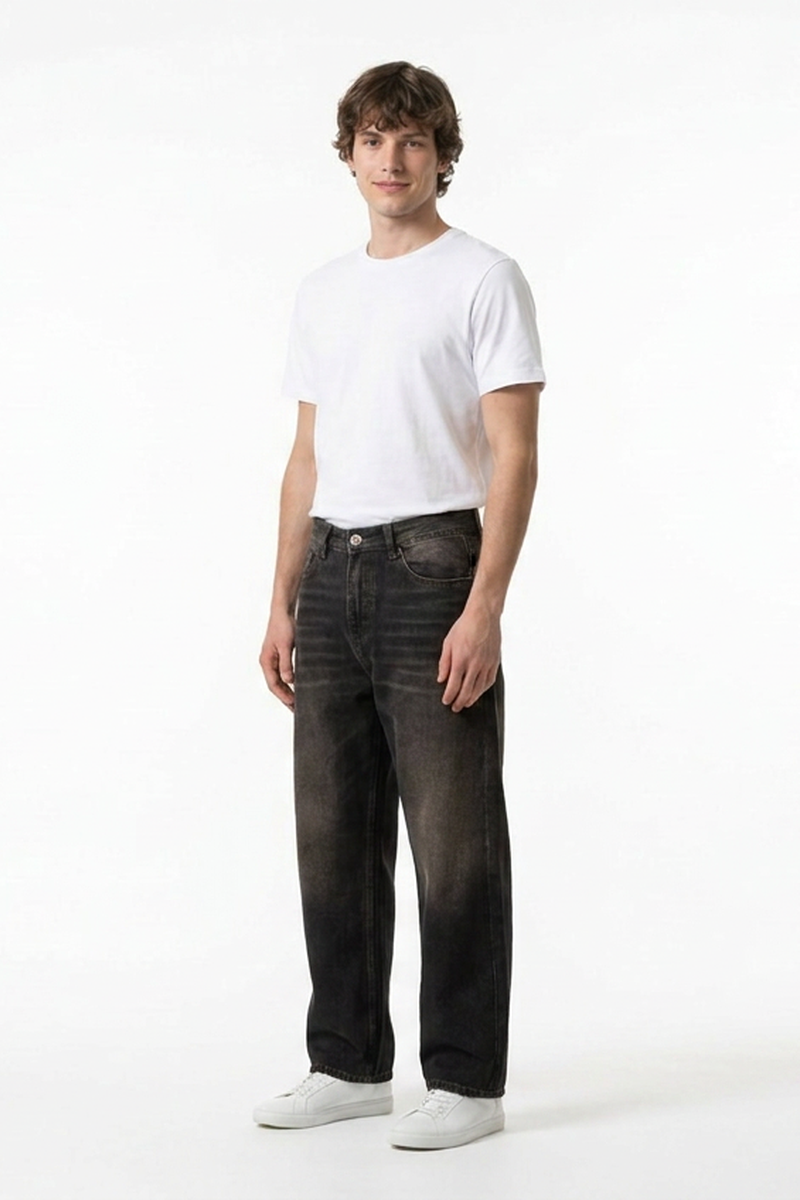 Men's Retro Black Baggy Loose Fit Crease Detail Jeans