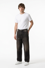 Men's Retro Black Baggy Loose Fit Crease Detail Jeans