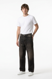 Men's Retro Black Baggy Loose Fit Crease Detail Jeans