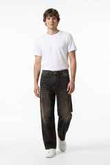 Men's Retro Black Baggy Loose Fit Crease Detail Jeans