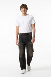 Men's Retro Black Baggy Loose Fit Crease Detail Jeans