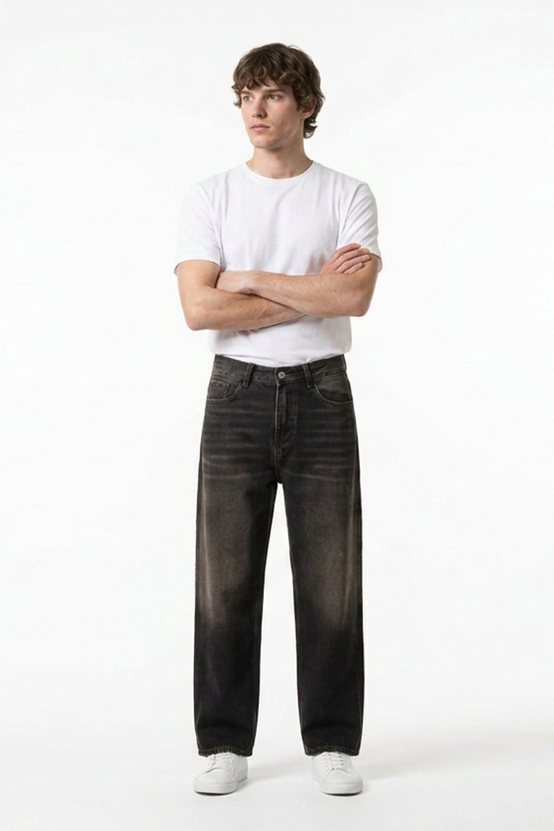 Men's Retro Black Baggy Loose Fit Crease Detail Jeans