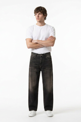 Men's Retro Black Baggy Loose Fit Crease Detail Jeans