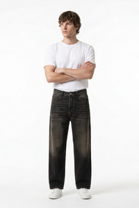 Men's Retro Black Baggy Loose Fit Crease Detail Jeans