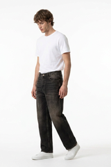 Men's Retro Black Baggy Loose Fit Crease Detail Jeans