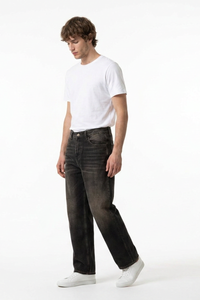 Men's Retro Black Baggy Loose Fit Crease Detail Jeans