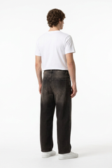 Men's Retro Black Baggy Loose Fit Crease Detail Jeans
