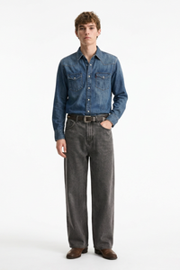 Men's Vintage Washed Soft Grey Baggy Straight-Leg Jeans