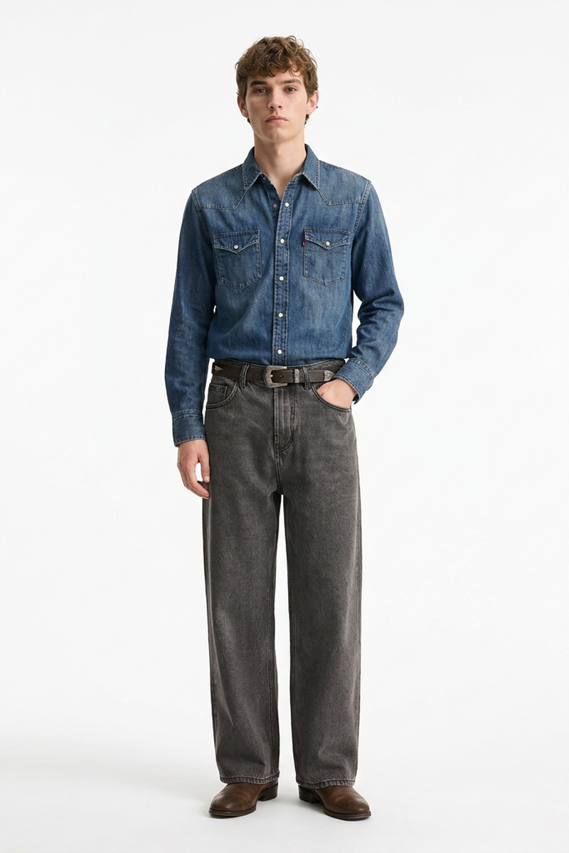 Men's Vintage Washed Soft Grey Baggy Straight-Leg Jeans