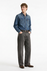 Men's Vintage Washed Soft Grey Baggy Straight-Leg Jeans
