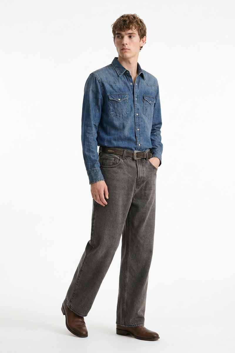 Men's Vintage Washed Soft Grey Baggy Straight-Leg Jeans