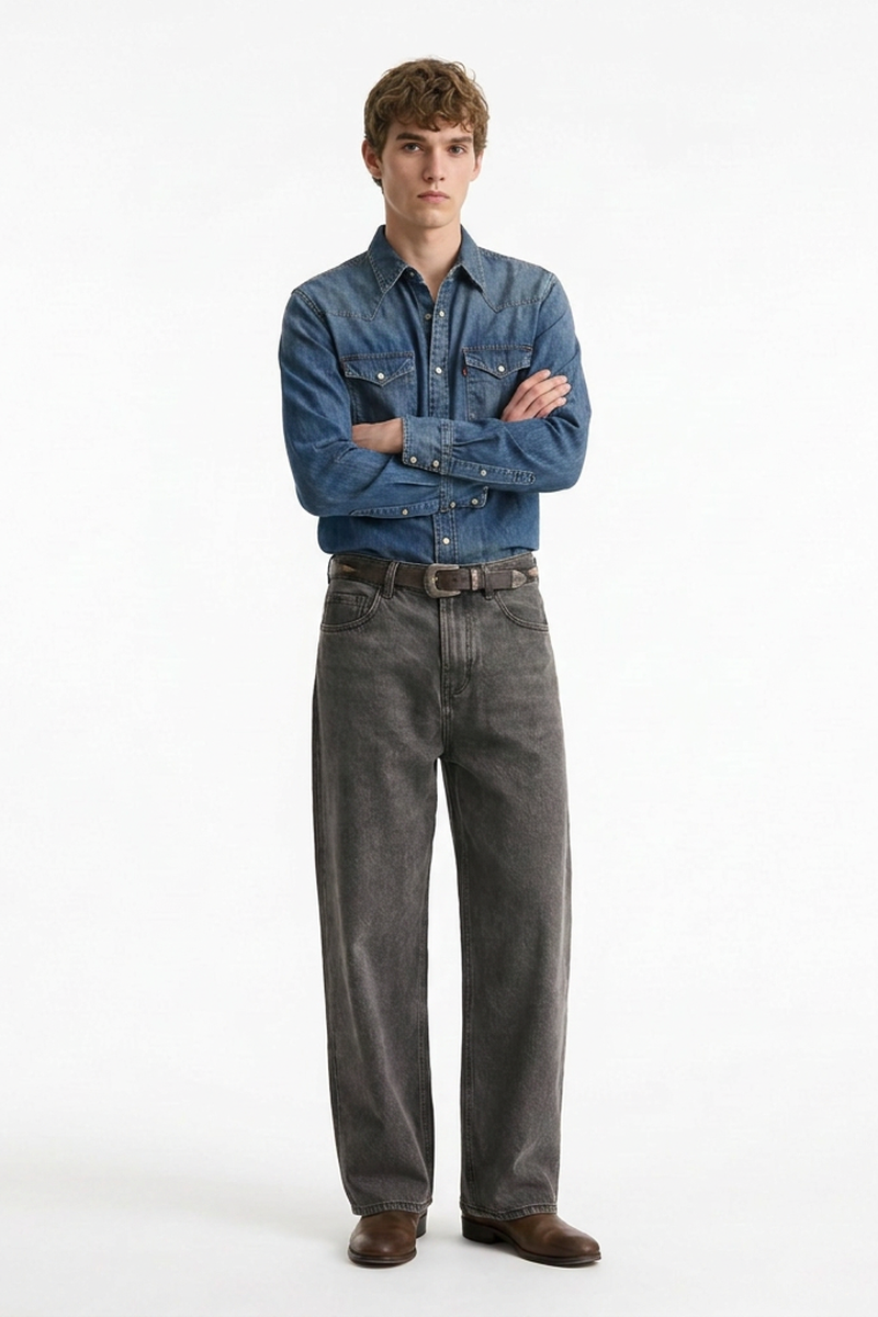 Men's Vintage Washed Soft Grey Baggy Straight-Leg Jeans