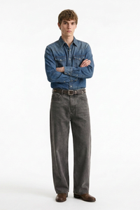 Men's Vintage Washed Soft Grey Baggy Straight-Leg Jeans