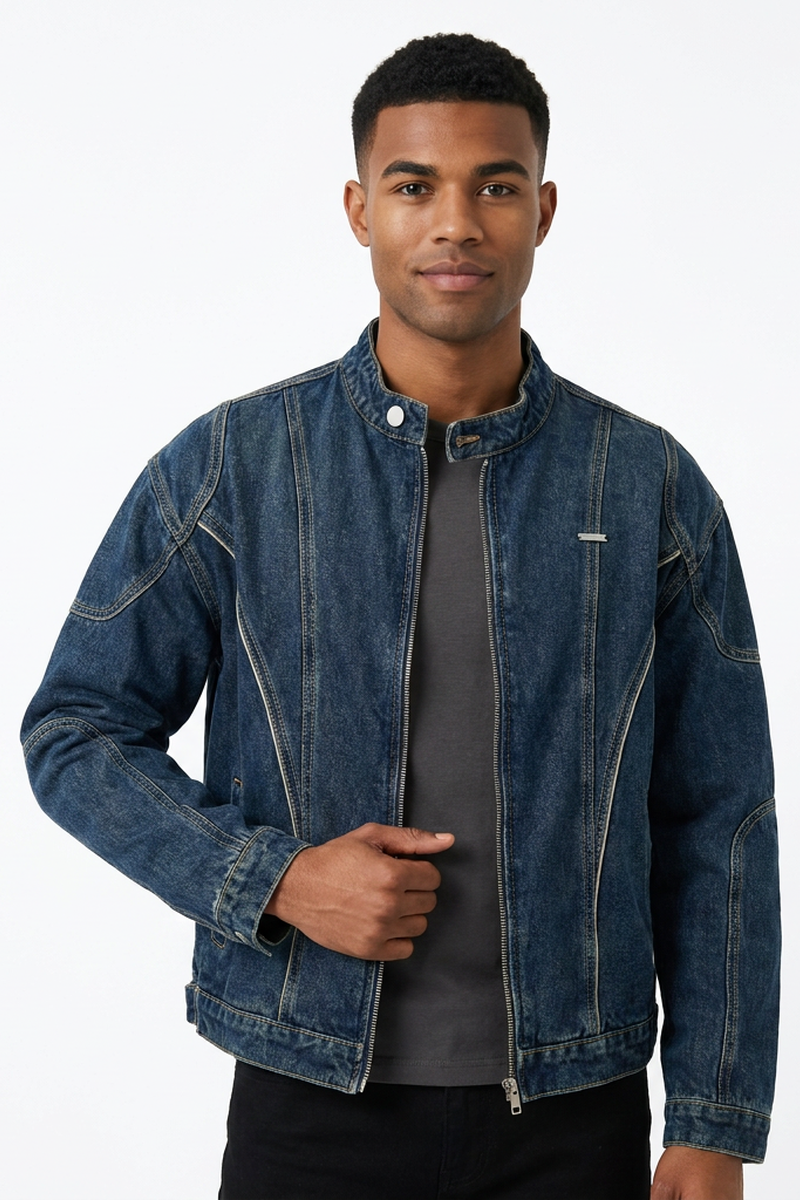 Men's Vintage Stand Collar Zip Dark Blue Denim Jacket