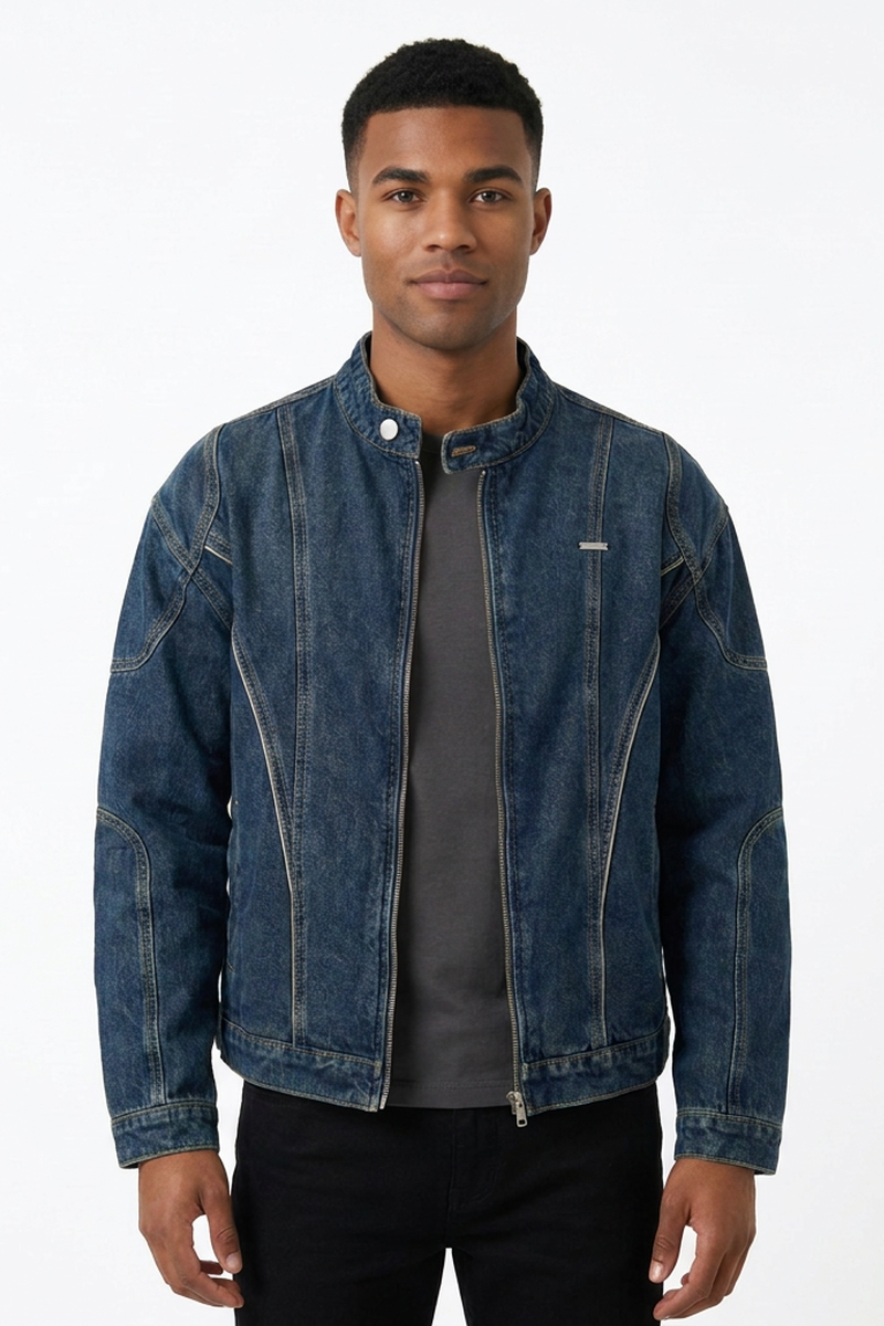 Men's Vintage Stand Collar Zip Dark Blue Denim Jacket