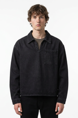 Men's Vintage Black Chest Pocket Polo Collar Denim Pullover