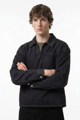 Men's Vintage Black Chest Pocket Polo Collar Denim Pullover