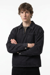 Men's Vintage Black Chest Pocket Polo Collar Denim Pullover