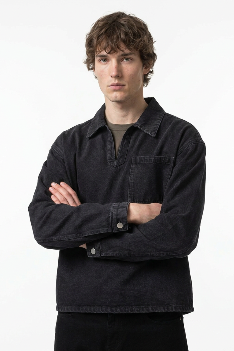 Men's Vintage Black Chest Pocket Polo Collar Denim Pullover