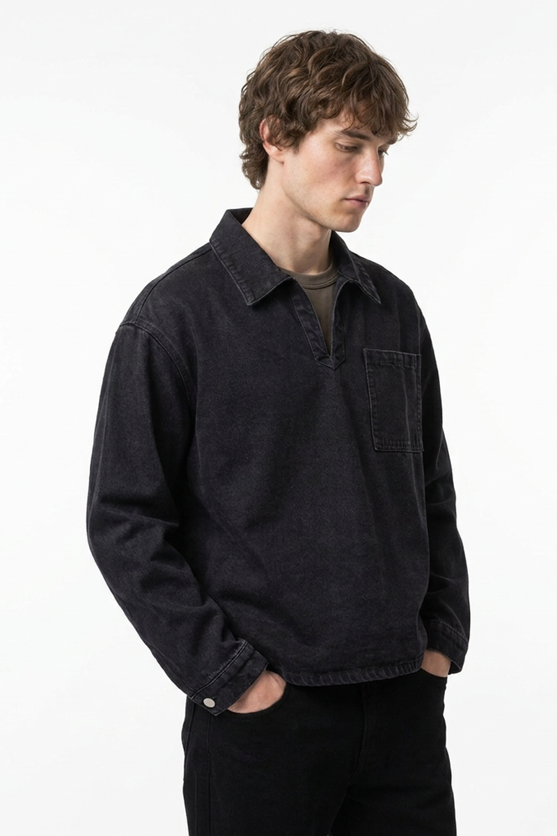 Men's Vintage Black Chest Pocket Polo Collar Denim Pullover